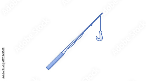 A cartoon-style illustration of a fishing rod, line, and hook, with a simple, solid design