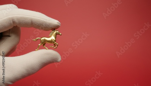 Delicate gloved hand holding a miniature golden horse figurine, symbolizing grace and value, against a vibrant red backdrop