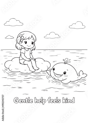 coloring book girl resting on a cloud raft helped by a gentle whale