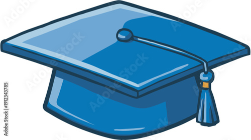 Illustration of a blue graduation cap with a tassel, rendered in a cartoon style against a white background