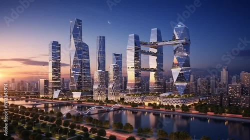 Wallpaper Mural Futuristic Cityscape at Sunset with Modern Skyscrapers and River Reflections. Torontodigital.ca