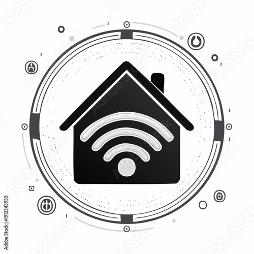 Illustration of a house featuring a central WiFi symbol, surrounded by a circle array of icons and a logo-like design, presented in a minimalist black-and-white graphic for branding
