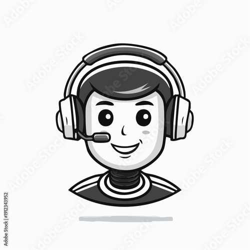 Friendly cartoon portrait of a smiling person wearing a headset with microphone, shown from shoulders up against a plain white background, front-facing viewpoint, illustration