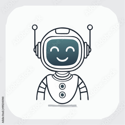Cheerful cartoon robot portrait from waist up, displayed in a simple digital illustration with friendly screen, antennae, and button details, set against a studio backdrop