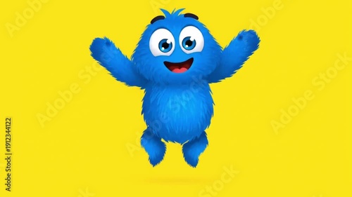Blue cartoon character in playful pose with bright happy expression on vibrant yellow background for childrens entertainment