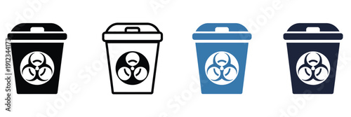 Sharps container icon sheet multiple style collection, medical waste and safety disposal symbols, needle and syringe disposal icons, healthcare and hospital illustrations