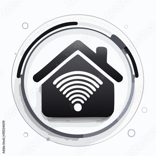 Front view illustration of a black house with a Wi-Fi symbol enclosed in a circular outline, presented as a minimalist black-and-white graphic for digital design projects