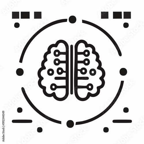 Illustrated view of a stylized brain icon surrounded by an incomplete circle of geometric shapes, presented in black line‑art on a clean white backdrop, viewed from a centered perspective