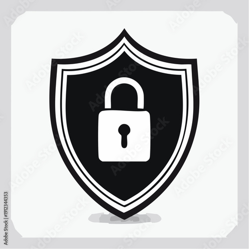 Close-up view of a centered black shield with a white outline and embedded white padlock, illustrating security and protection concepts in a minimalist graphic design