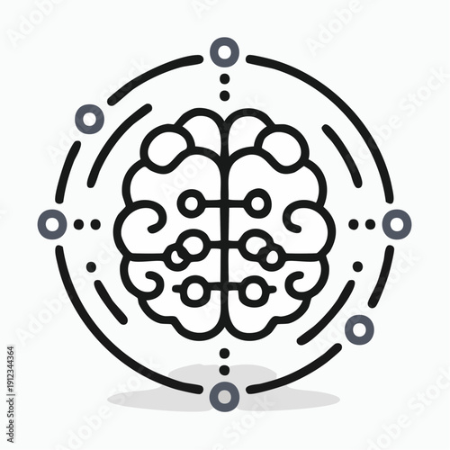 Close-up view of a stylized brain illustration encircled by fragmented geometric circle, highlighted with intersecting lines and dots, presented on white background from a front perspective