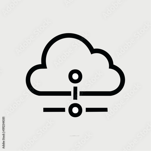 Centered black‑and‑white cloud icon featuring a circular i‑like symbol, presented as a minimalist logo illustration viewed from a frontal perspective, representing a cloud computing service concept