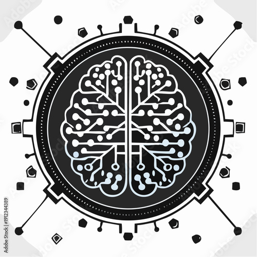 Close‑up view of a stylized brain illustration framed by geometric shapes and circuitry lines, presented on a clean white backdrop with futuristic contrast and design focus