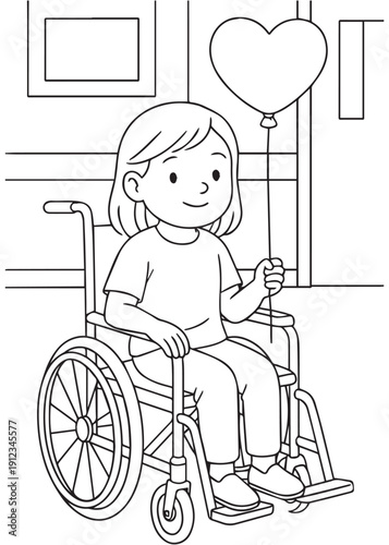 coloring book girl sitting in a wheelchair holding a heart shaped balloon