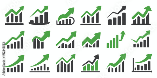 Financial graph and stock market icons, trend arrows showing growth and decline, business investment and trading symbols, green and red vector