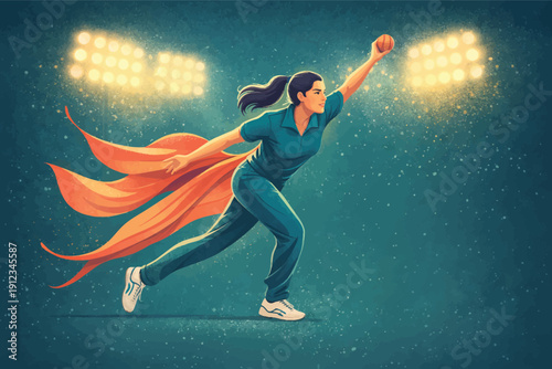Female Cricket Bowler in Teal Uniform with Orange Cape Under Stadium Lights