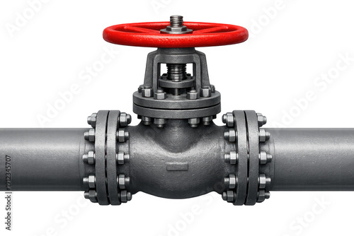 Industrial valve with red wheel on pipeline transparent background