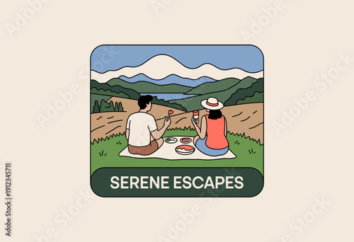 Charming Picnic in Serene Landscape with Couple Enjoying Snacks and Refreshments Under Bright Skies