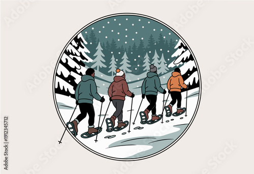 Joyful Group of Friends Snowshoeing Through Winter Wonderland Under Falling Snowflakes