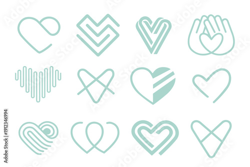 A set of heart-shaped icons with a soft mint outline