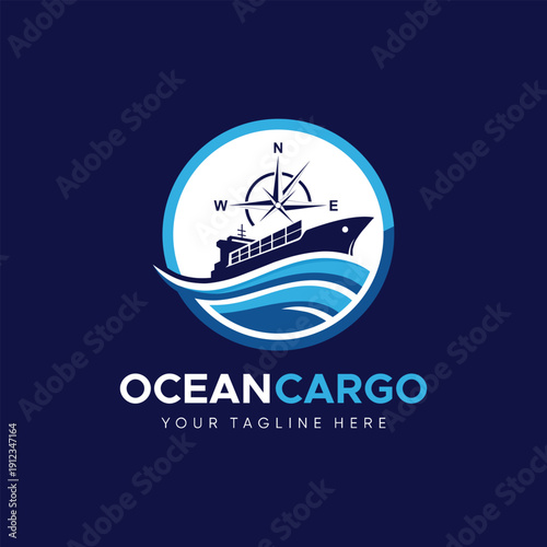 Ocean Cargo Logistics Logo Design with Ship and Compass Symbol. for ocean freight and maritime logistics company, international shipping, global trade, and marine transportation businesses.