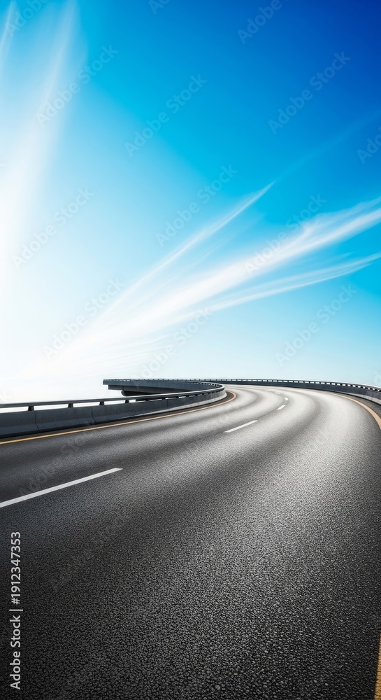 Obraz premium Cinematic view of an ultra-wide, smooth asphalt highway featuring gentle sweeping curves leading toward the vast horizon, speed, long, view
