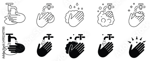 Wash your hands icons set, hand washing illustrations, hand drawing with water tap, water drops, and soap bubble symbols, editable vector