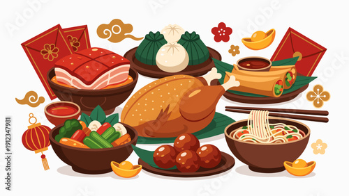 Traditional Chinese Lunar New Year Vector Illustration of Reunion Dinner Feast with Roasted Chicken Pork Belly Dumplings Spring Rolls and Red Envelopes for Holiday Celebration