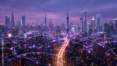 Wallpaper Mural Vibrant City Skyline with Digital Connectivity and Network Visualization at Dusk in an Urban Landscape Torontodigital.ca