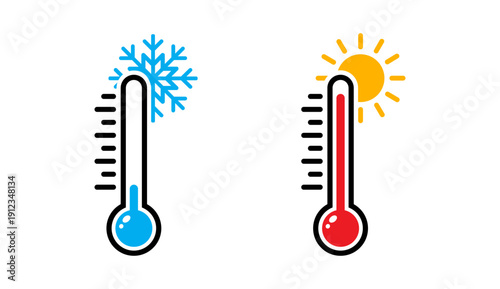 Street thermometer sign with hot and cold scales. Flat vector illustration representing weather forecast, summer heat, frost, and winter temperature