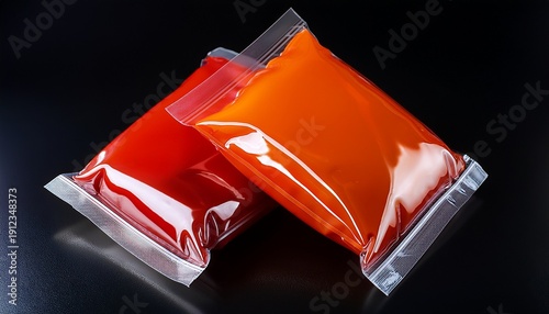 two red plastic pouches likely containing a sauce overlap against a black background the pouches are glossy and appear filled with a vibrant reddish orange liquid or paste