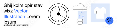 Time management, cloud storage, data transfer, discount, e-commerce, clothing retail. Minimal graphic with clock, cloud with arrows shirt and discount symbol. Time management and cloud storage