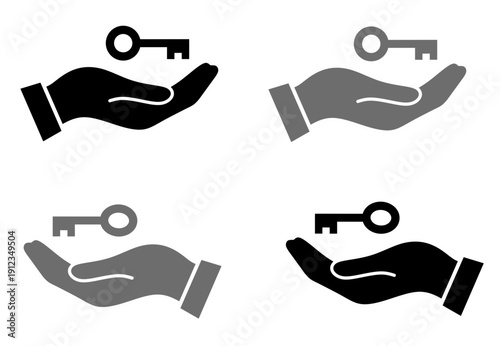 Vector hand holding a key. Vector icon set showing a hand holding a key, representing security, access, ownership, and solutions in black and grey