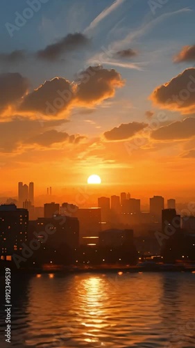 City skyline at sunset with clouds reflecting on water  