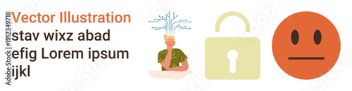 Mental health, cybersecurity, emotions, data protection, human psychology, conceptual ideas. Human thinking with lines, padlock symbol and neutral face. Mental health and cybersecurity concept