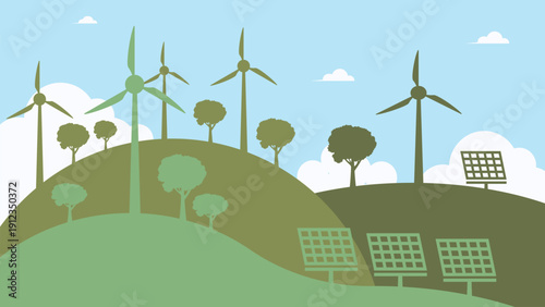 Wind Turbine Vector Illustration Featuring a Sustainable and Renewable Energy Concept with a Green Nature Landscape and Mountain Background