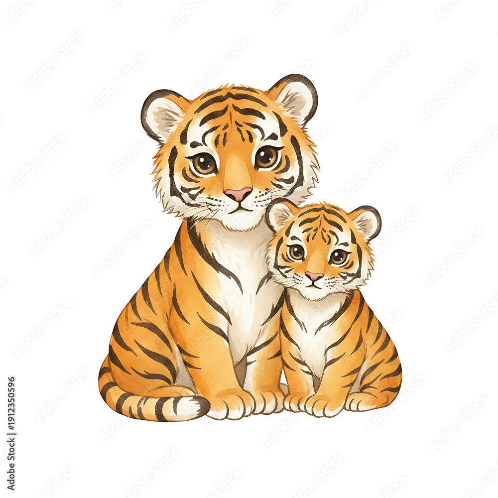Fototapeta premium Adorable tiger family A mother tiger and her cub sitting together.