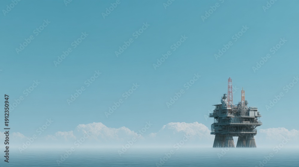 Obraz premium Offshore oil platform in calm ocean water under blue sky with clouds, marine industry and energy production concept illustration