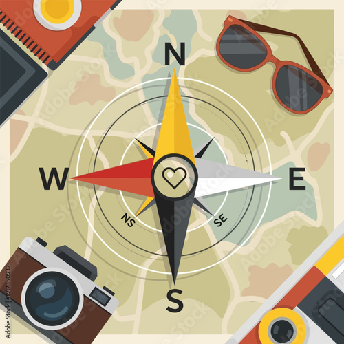 Travel and vacation planning with compass and camera on a map background