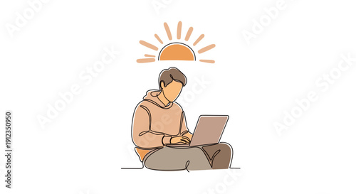 Freelance Work Concept – Person with Laptop Under Abstract Sun Shape in Flat One-Line Vector