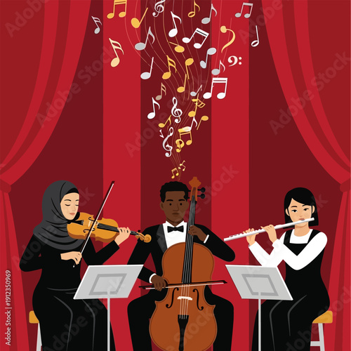 Musicians playing instruments on stage with musical notes floating, classical concert