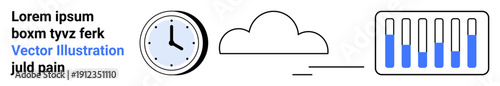 Analog clock, cloud icon, and bar graph focusing on data synchronization, time management, and analytics. Ideal for technology, productivity, networking, cloud computing data analysis automation