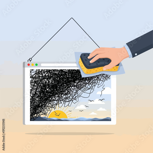 Hand erasing messy lines reveals sunrise over ocean on browser window