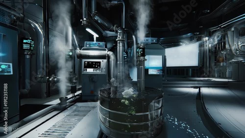Futuristic Laboratory with Green Liquid Experiment.