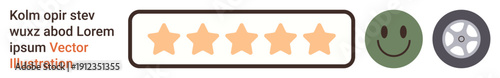 Feedback system, customer reviews, quality rating, satisfaction evaluation, user experience, business feedback. Five-star rating, happy face and wheel icon in minimalist design. Feedback system