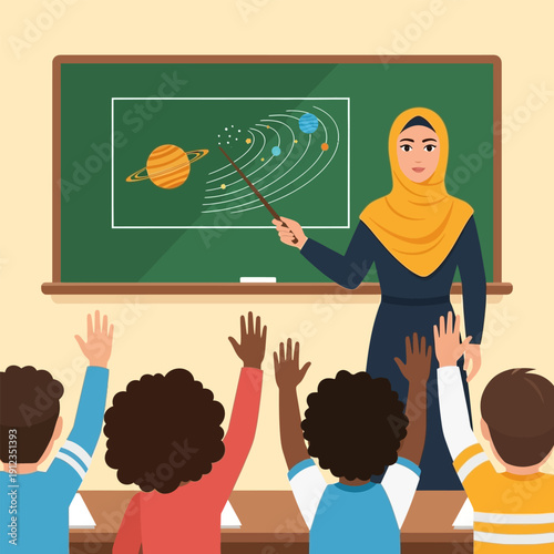 Teacher in hijab explains solar system to diverse students in classroom raising hands for questions