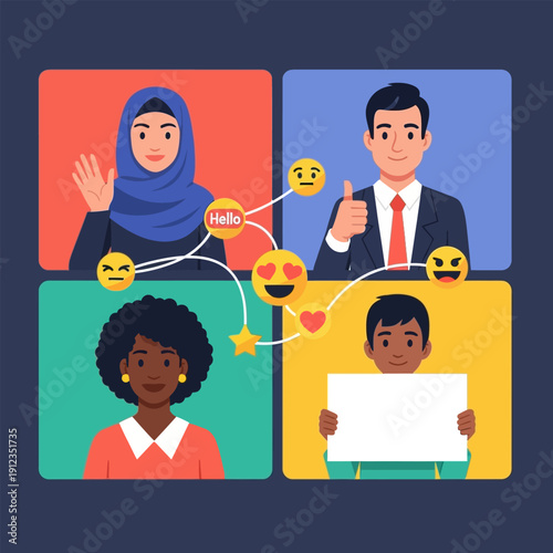 Diverse individuals communicating online with emojis and digital connection symbols