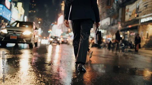 People Walking on Wet City Street at Night.