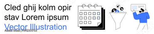 Data management, business analytics, scheduling, efficiency, workflow optimization, and digital tools. A funnel with icons, a calendar and a person using a screen. Data management and business