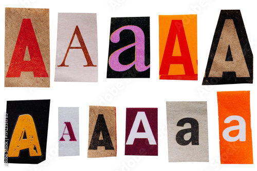 Letter A cut out from vintage magazines and newspapers, set of ransom letters isolated for collage