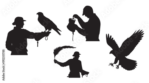 Captivating graphic design with five detailed black silhouettes showcasing the ancient art of falconry, featuring skilled falconers, majestic birds of prey, and a falcon in flight